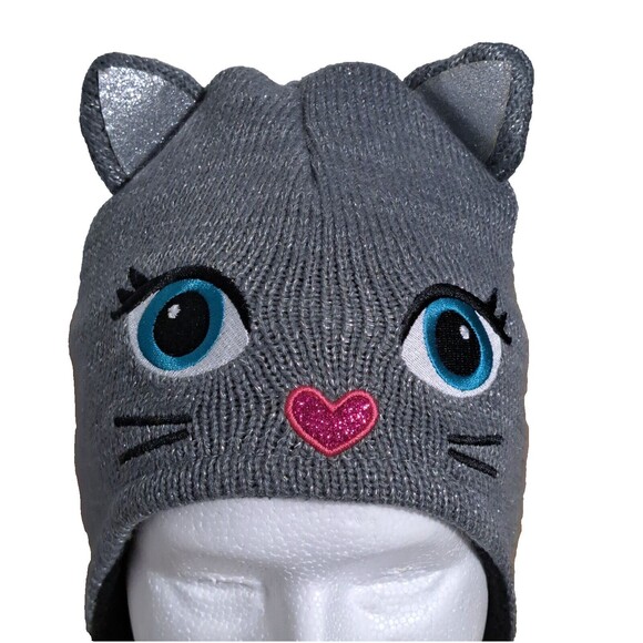 SO Brand kitty Cat Face Winter Hat Juniors Girls One Size Embroidered Ear Flap - Picture 3 of 8
